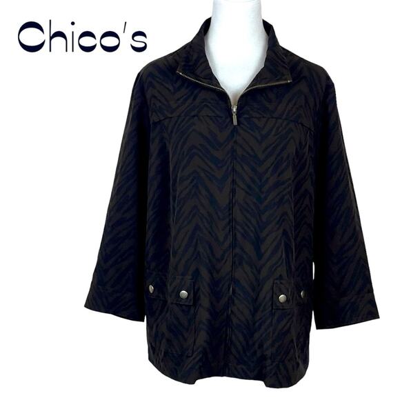 Chico’s Brown Black Animal Print Nylon GorpCore Lightweight Jacket NWOT Size 12 - Picture 1 of 10